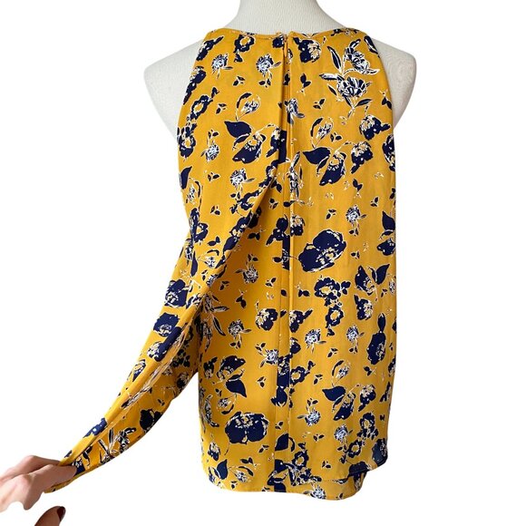 Paraphrase Womens Small Tank Top Sleeveless Mustard Navy Blue Floral 2 Layers - Picture 3 of 6
